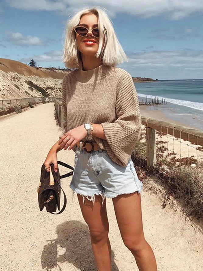 Oversize sweater with long puffy lantern sleeves khaki color soft and cozy