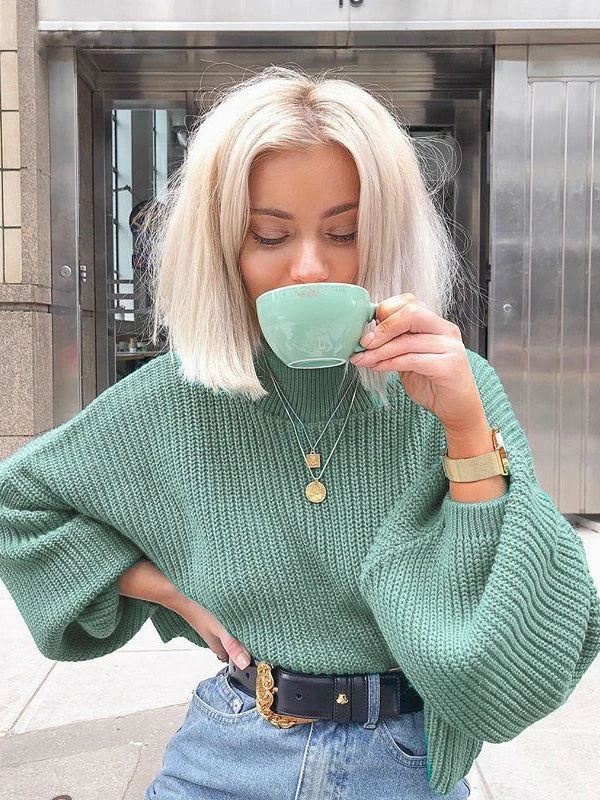 Oversize sweater with long puffy lantern sleeves tea green color soft and cozy