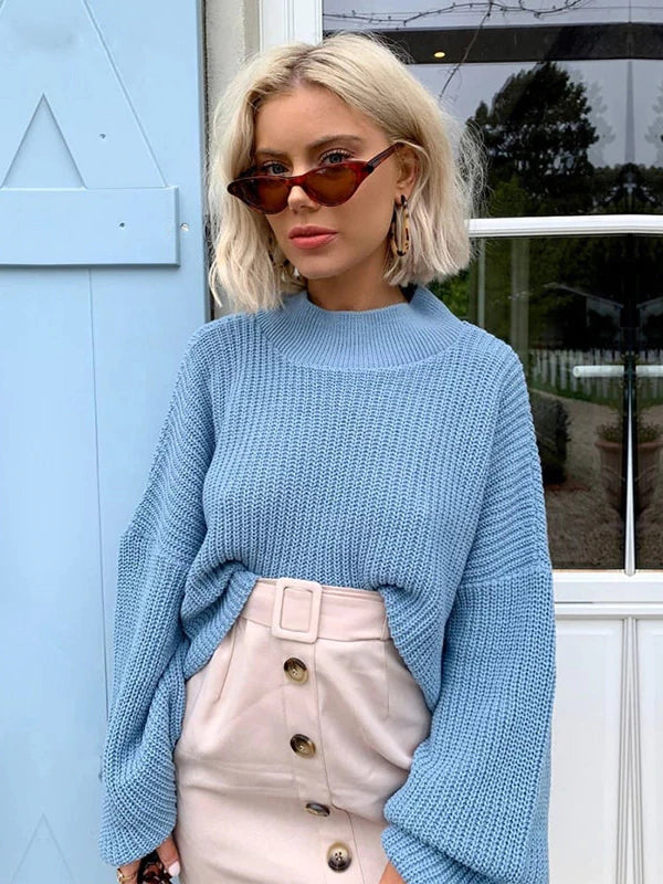 Oversize sweater with long puffy lantern sleeves sky blue color soft and cozy